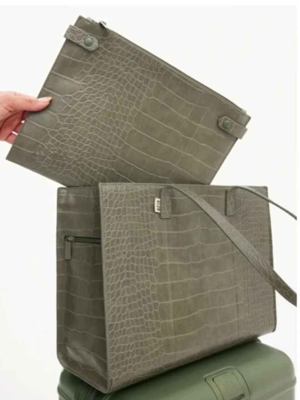 BEIS The Large Work Tote in Olive Croc